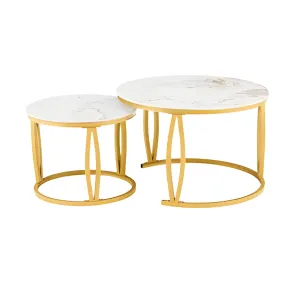 2Pcs Of Modern Round Living Room Marble Top Nesting Coffee CT-28-6 White & Gold Table