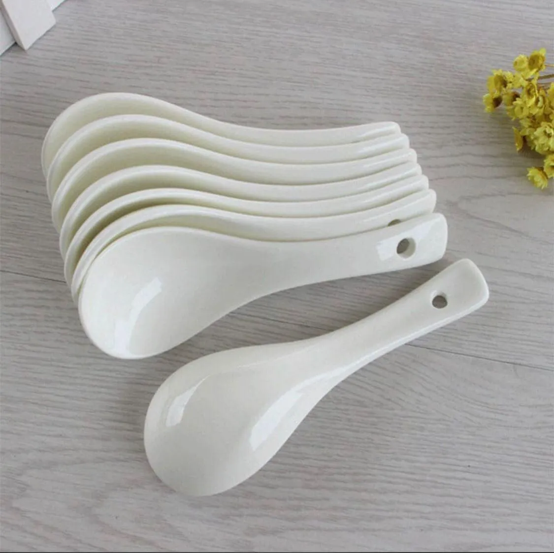 6 Pcs Porcelain White Ceramic Chinese  Soup Spoon | Tableware