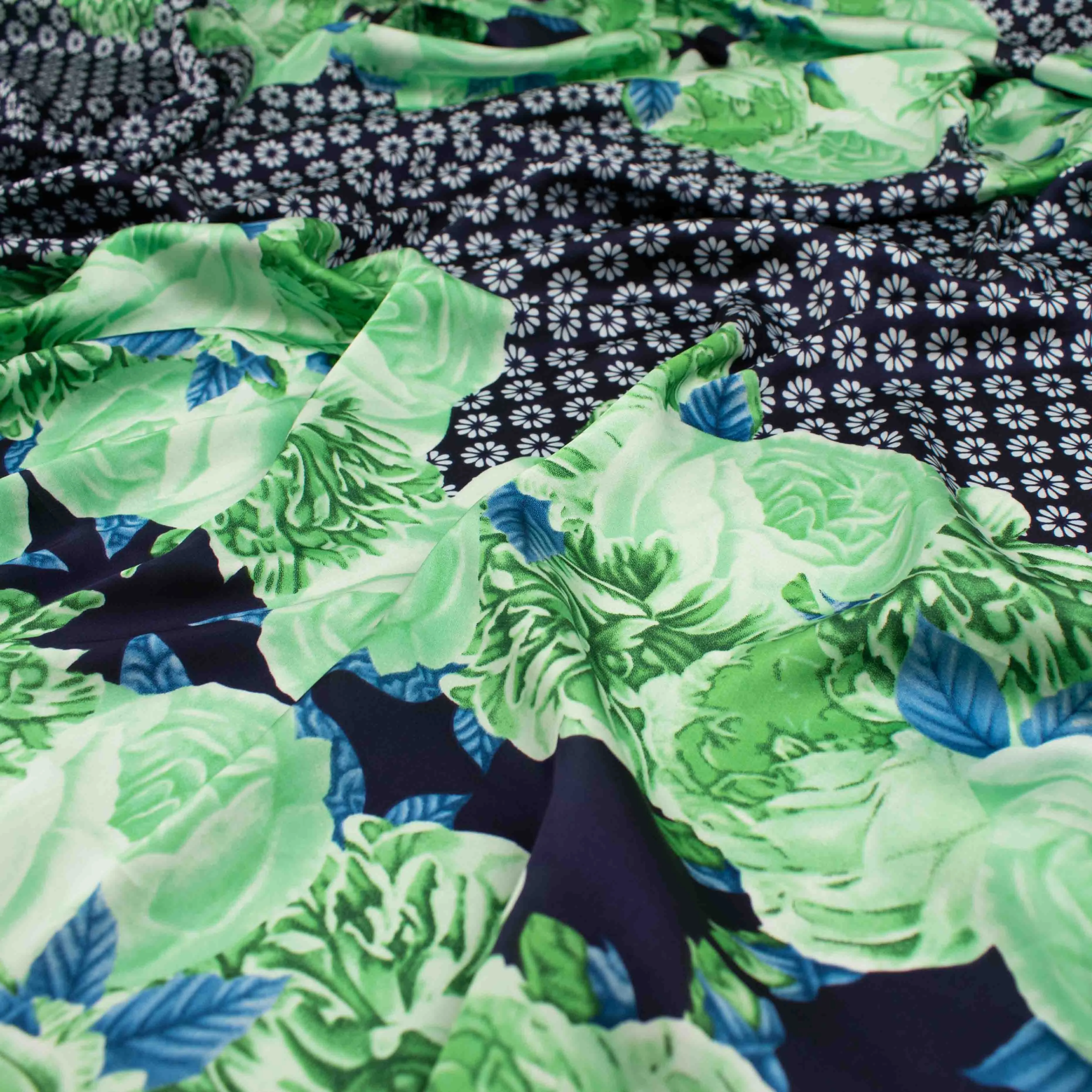 Amarylis Printed Satin Design-46 Border Mint Green Flowers on Navy