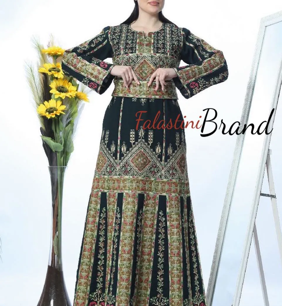 Amazing Dark Green Palestinian Thobe Dress With Astonishing Golden Embroidery And Satin Details