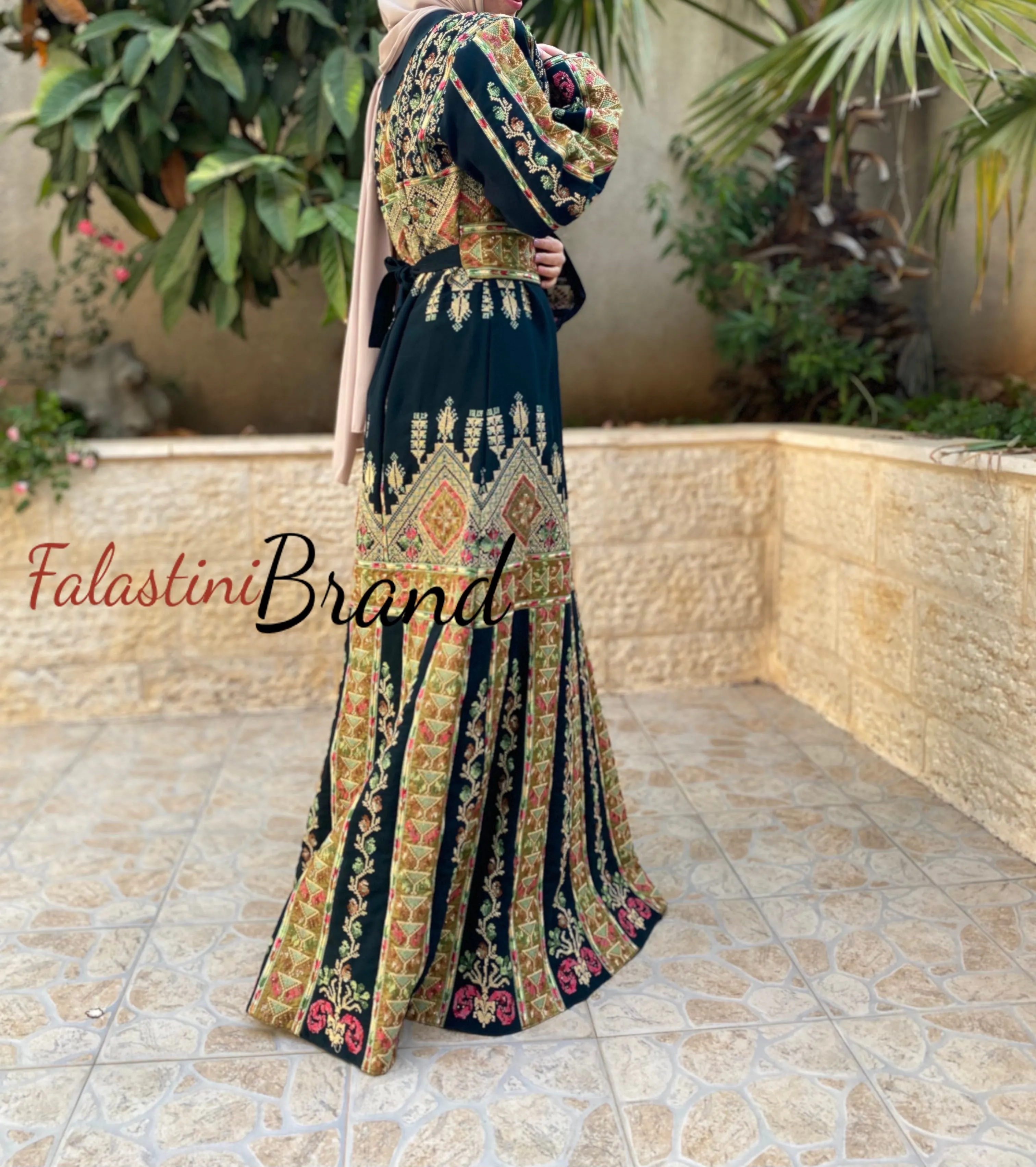 Amazing Dark Green Palestinian Thobe Dress With Astonishing Golden Embroidery And Satin Details