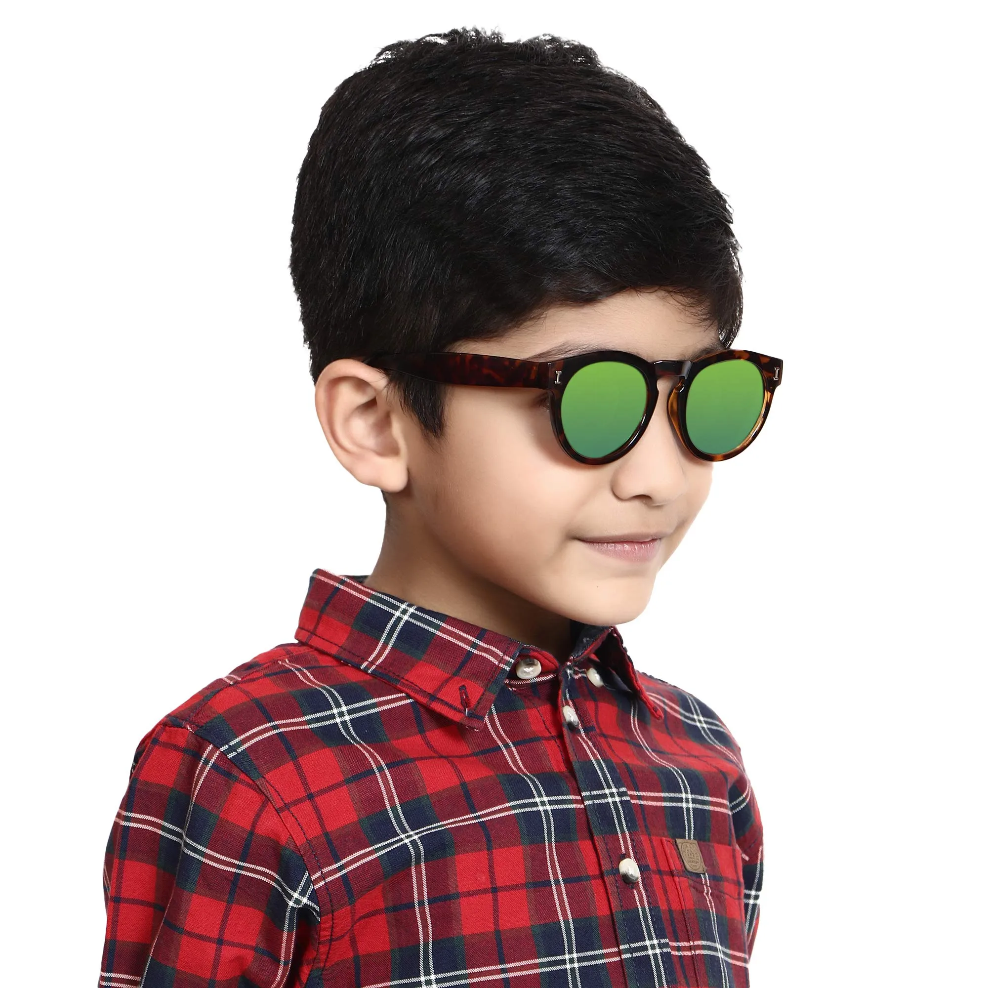 Amour Brown Full Framed Medium Sized with Yellow and Green Mirrored Lens Round Unisex Kid's Sunglasses (5-8 Years)