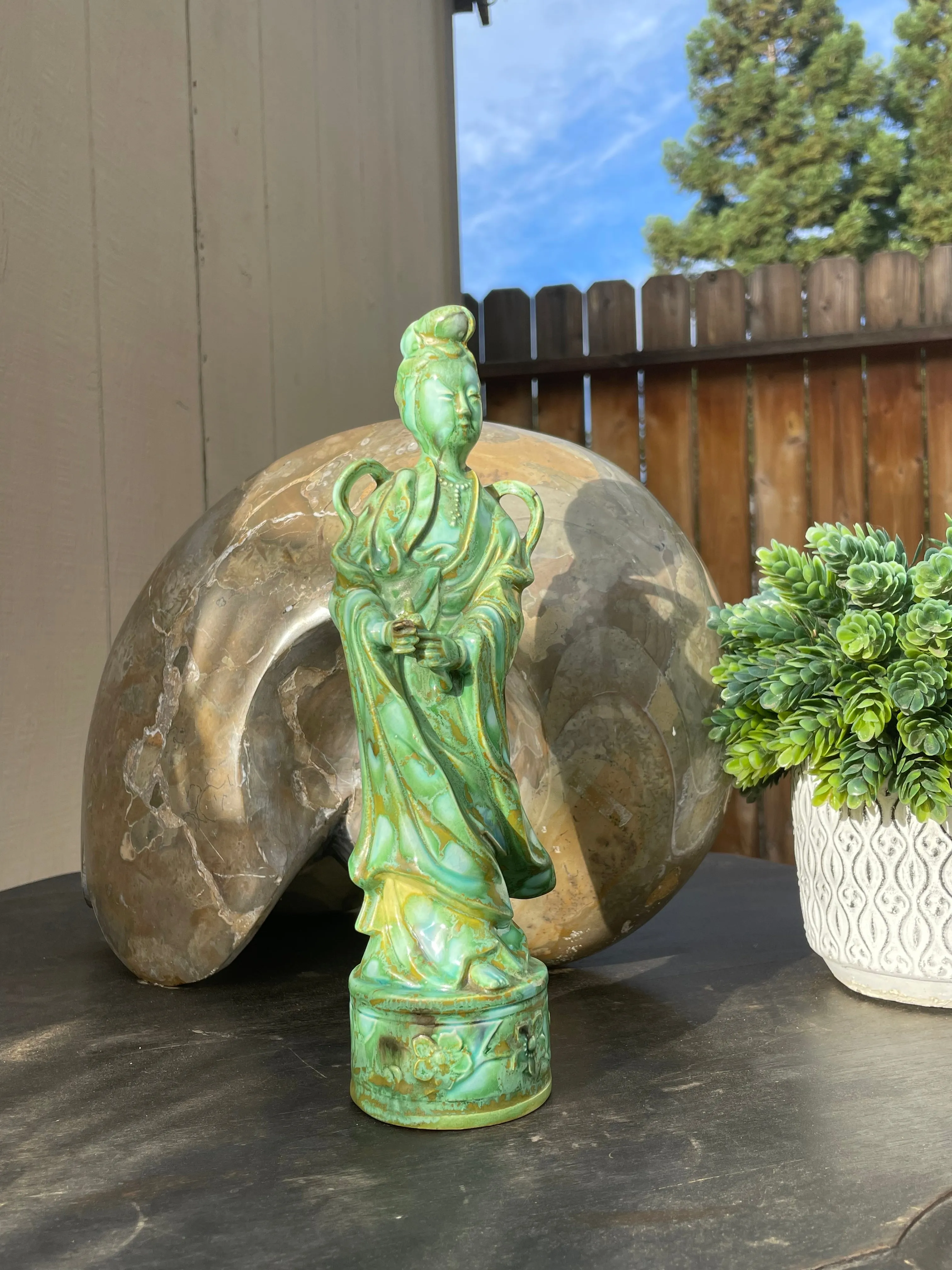 Antique Asian Chinese Woman Green Porcelain Ceramic Art Figurine Statue