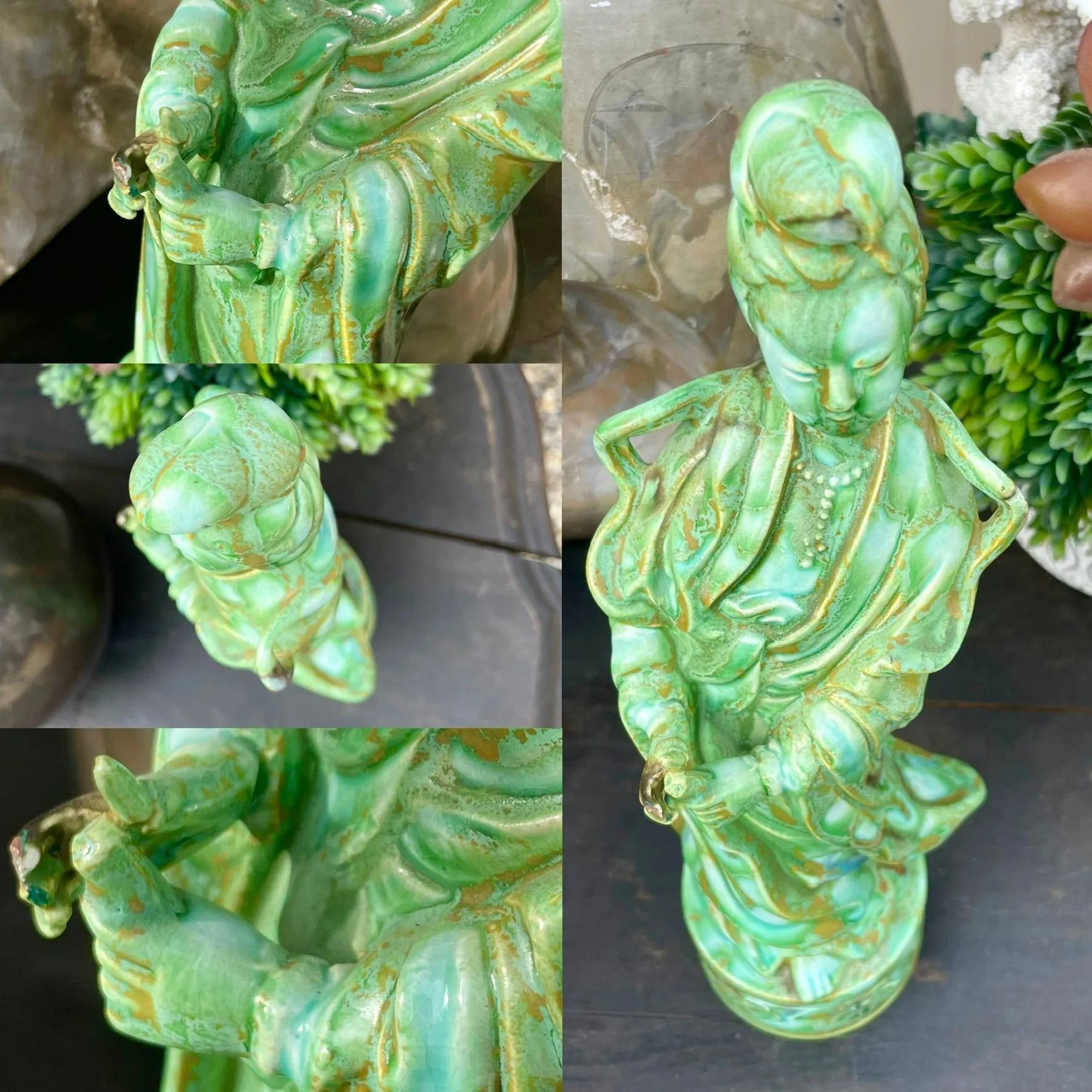 Antique Asian Chinese Woman Green Porcelain Ceramic Art Figurine Statue