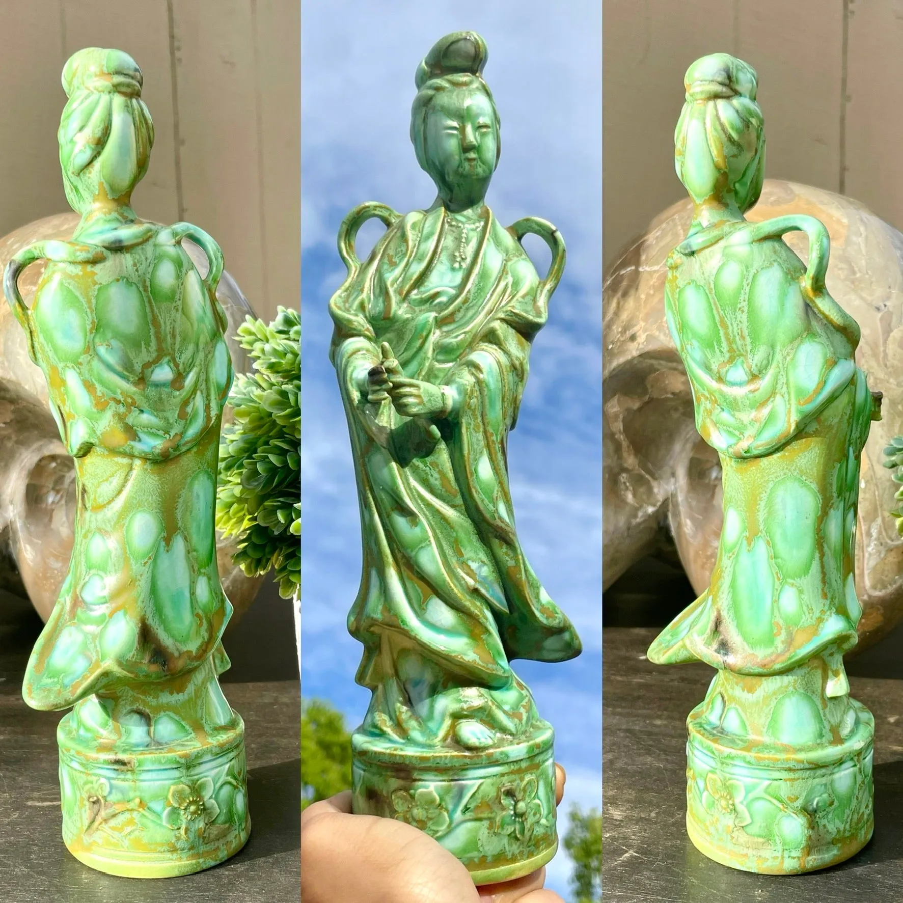 Antique Asian Chinese Woman Green Porcelain Ceramic Art Figurine Statue