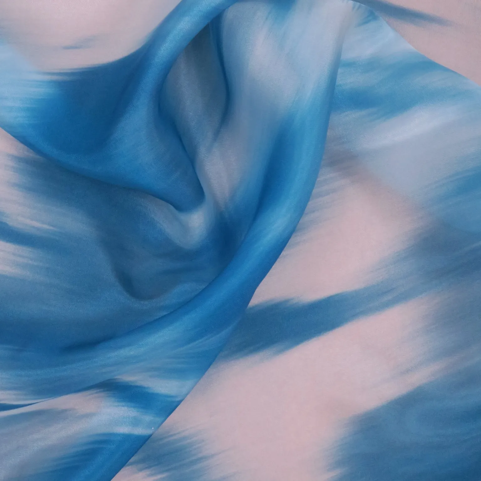 Aqua and White Abstract Printed Polyester Organza Fabric