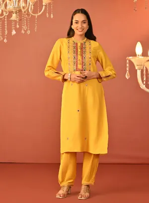 Arshia Chrome Yellow Embroidered Rayon Co-ord Set for Women