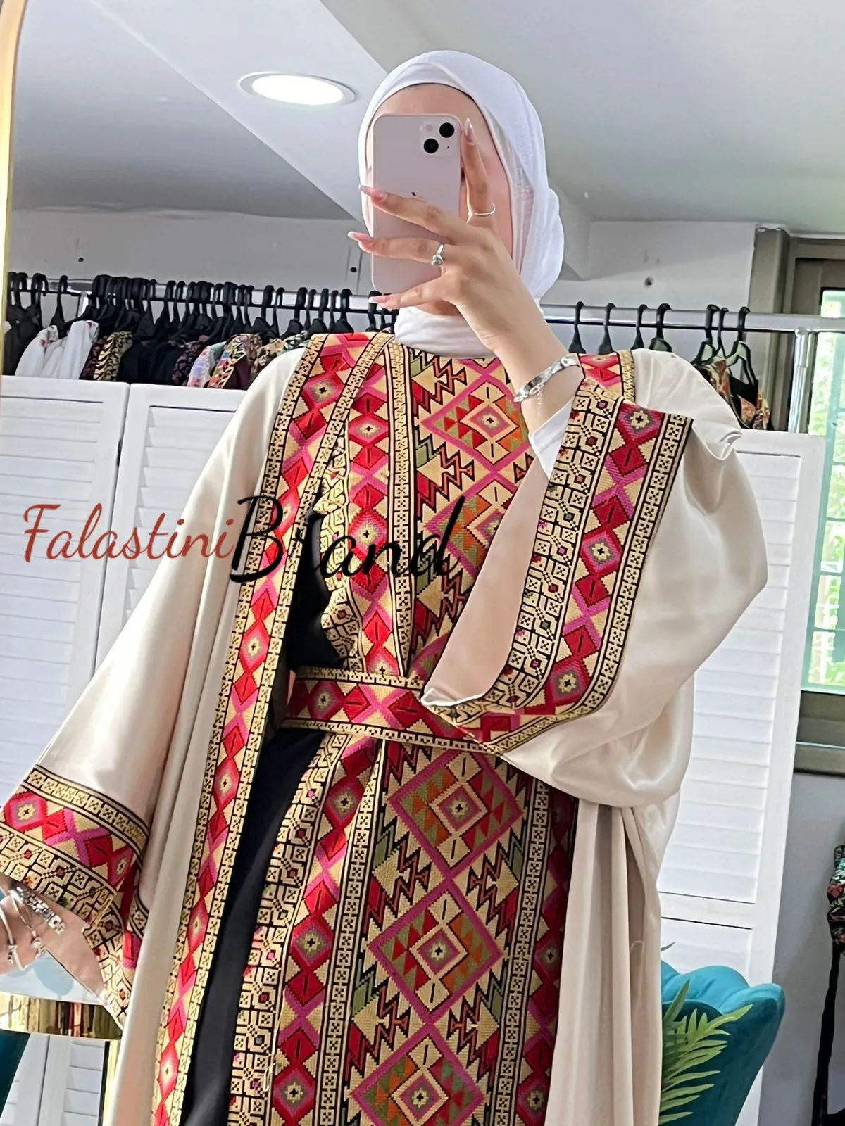 Beige Embroidered Satin Dress and Abaya Set with Diamond Unique Embroidery