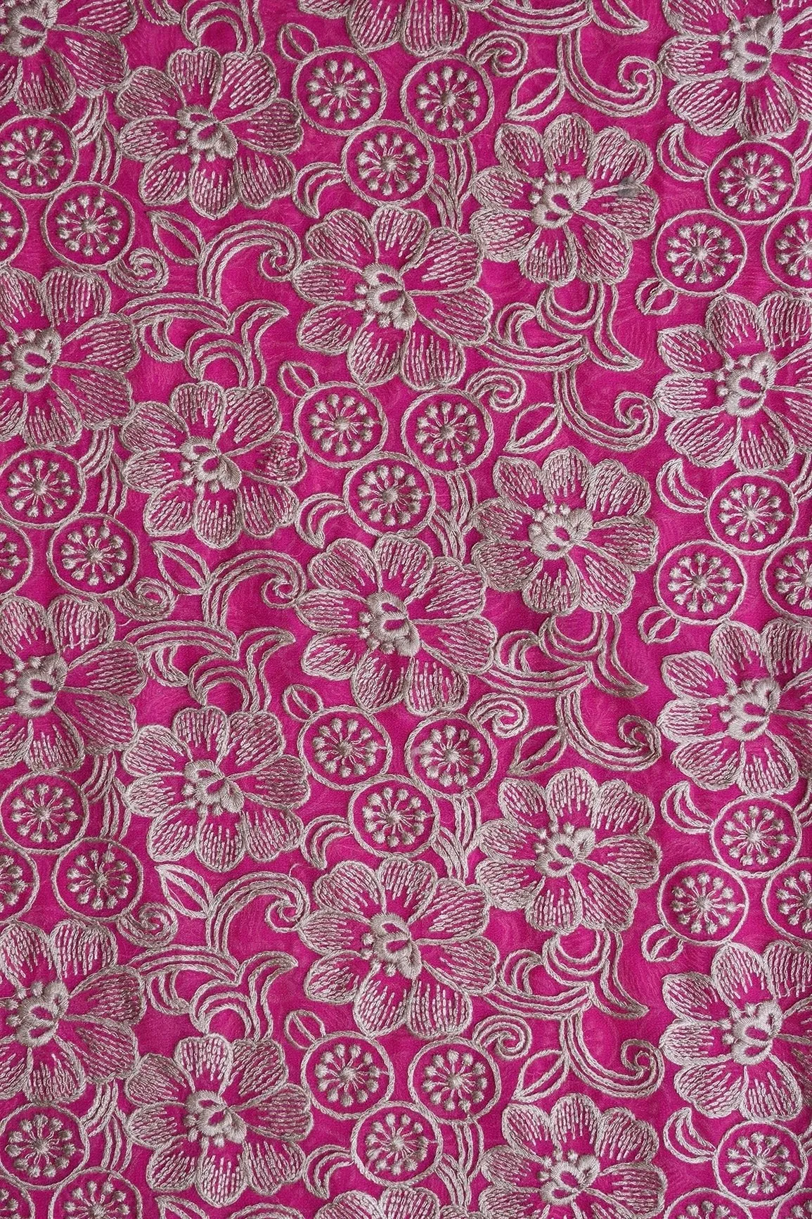 Beige Floral Embroidery On Fuchsia Georgette Fabric