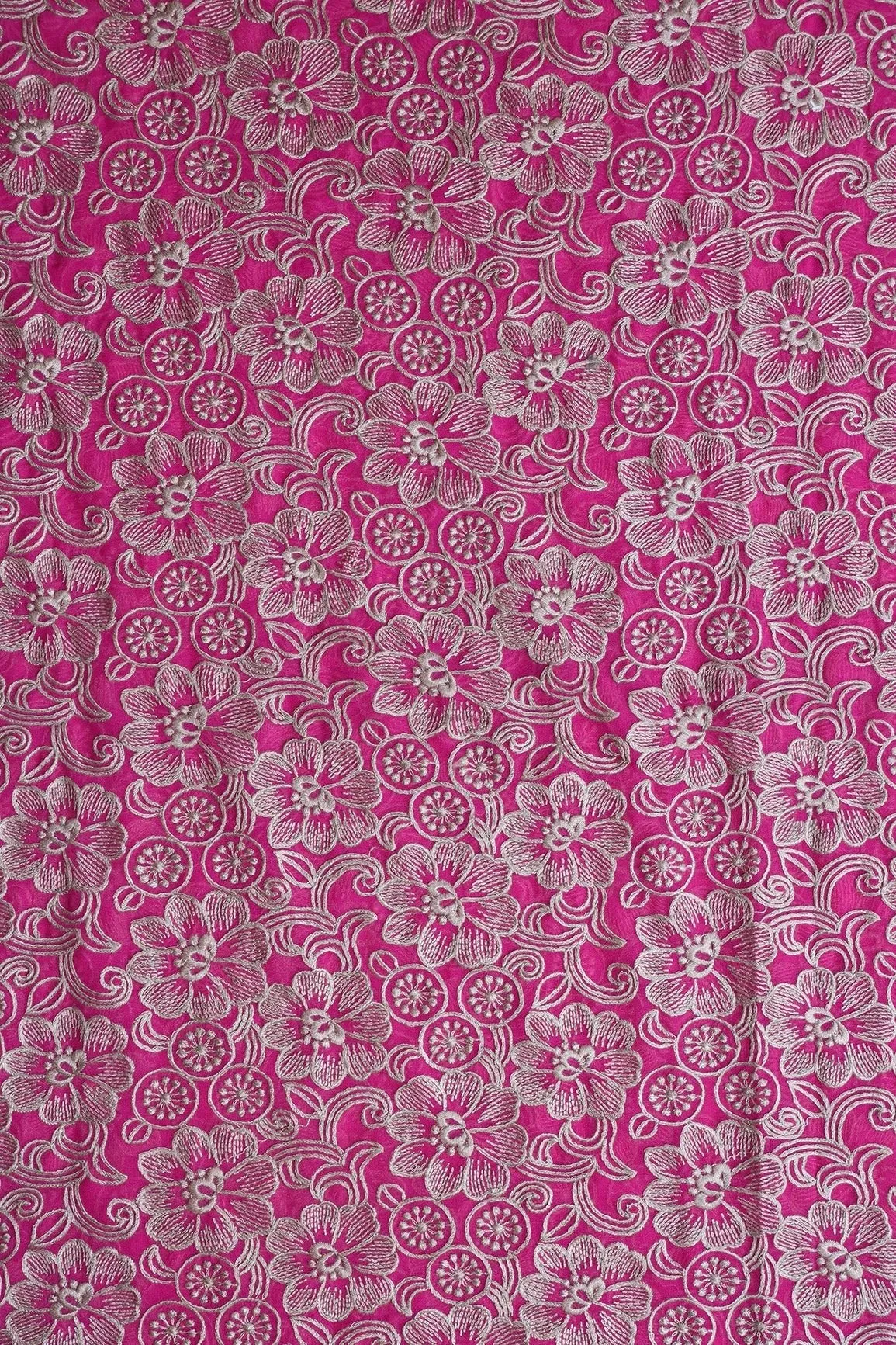 Beige Floral Embroidery On Fuchsia Georgette Fabric