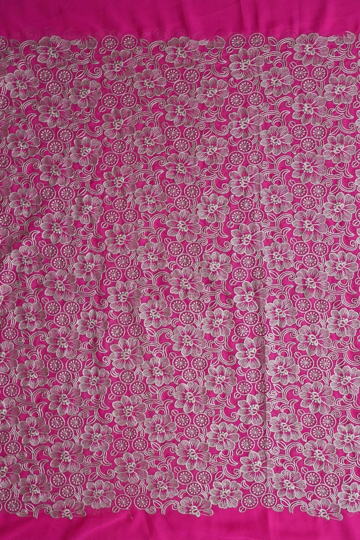 Beige Floral Embroidery On Fuchsia Georgette Fabric