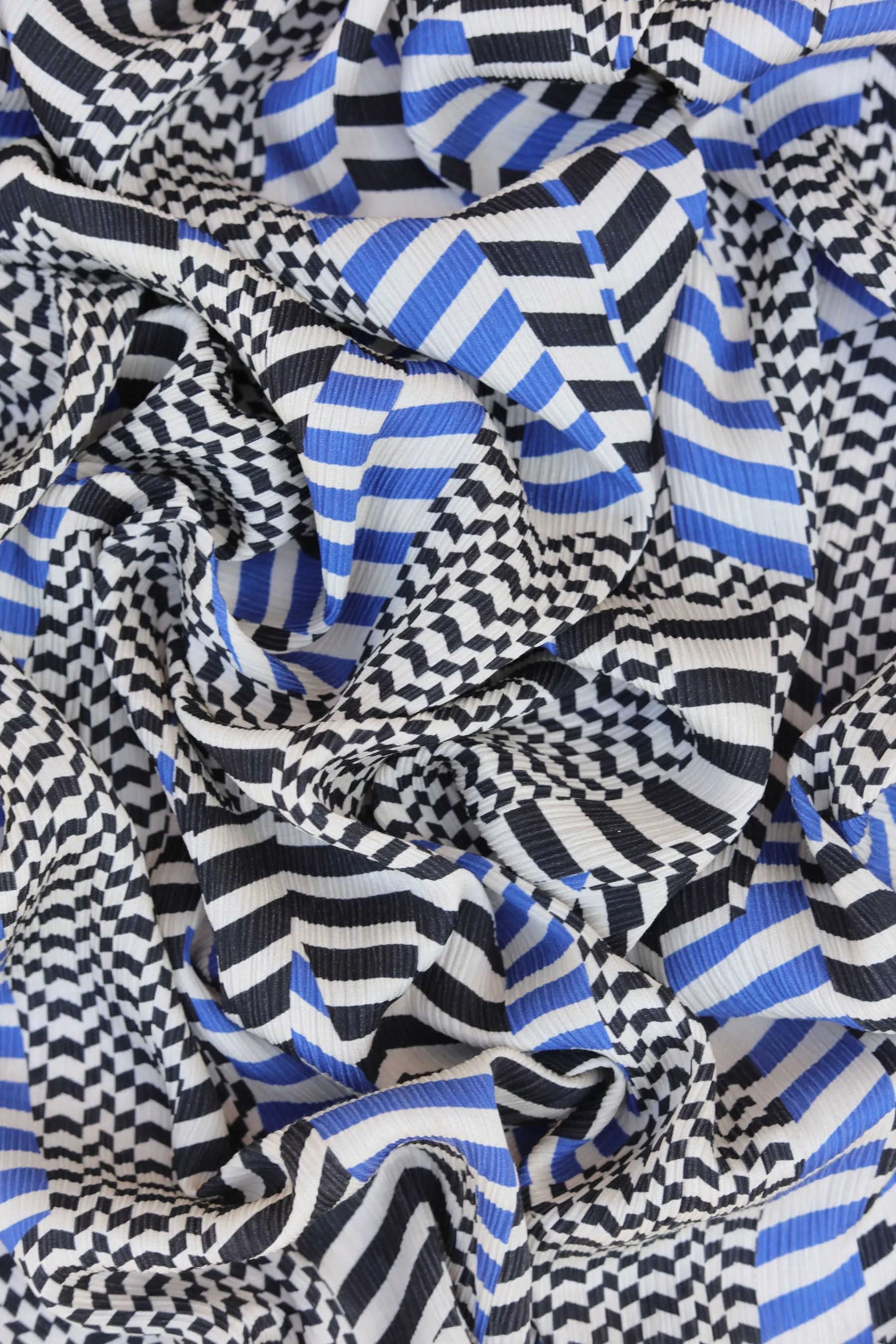 Blue Black Zigzag Pattern Printed Heavy Munga Chiffon Satin Fabric