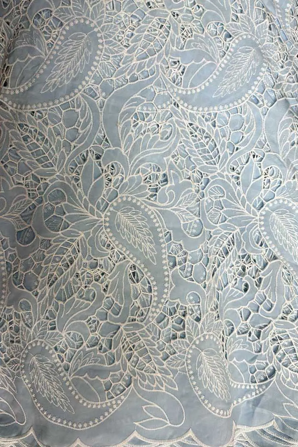 Blue Crochet Cut Work Embroidered Cotton Crepe Fabric