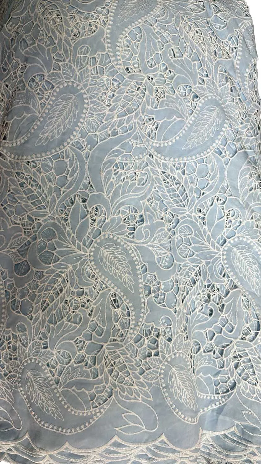 Blue Crochet Cut Work Embroidered Cotton Crepe Fabric