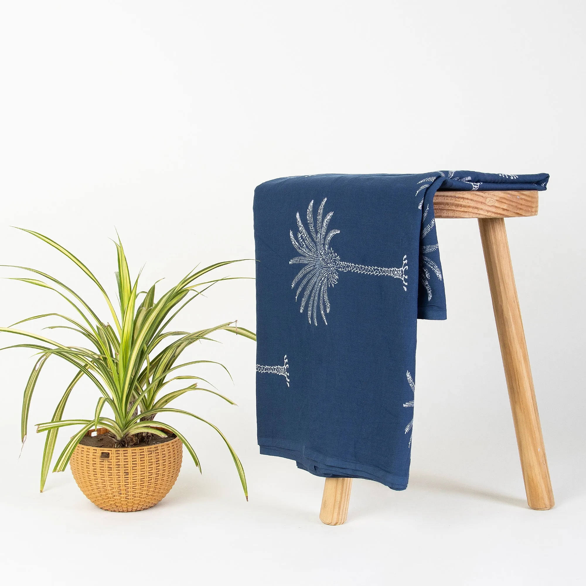 Blue Indigo Print Palm Tree Pure Cotton Fabric For Dress