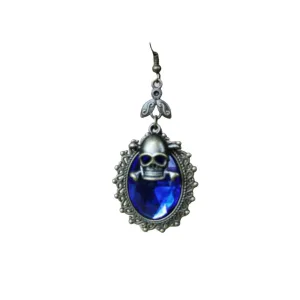 Blue Jewel With Brass Skull And Bones Earrings