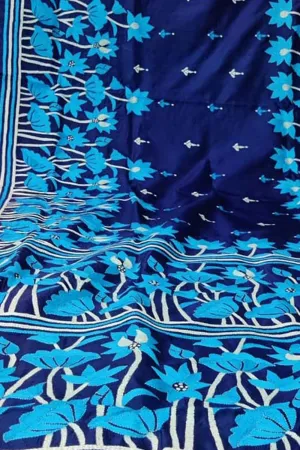 Blue Kantha Work Hand Embroidered Pure Bangalore Silk Saree