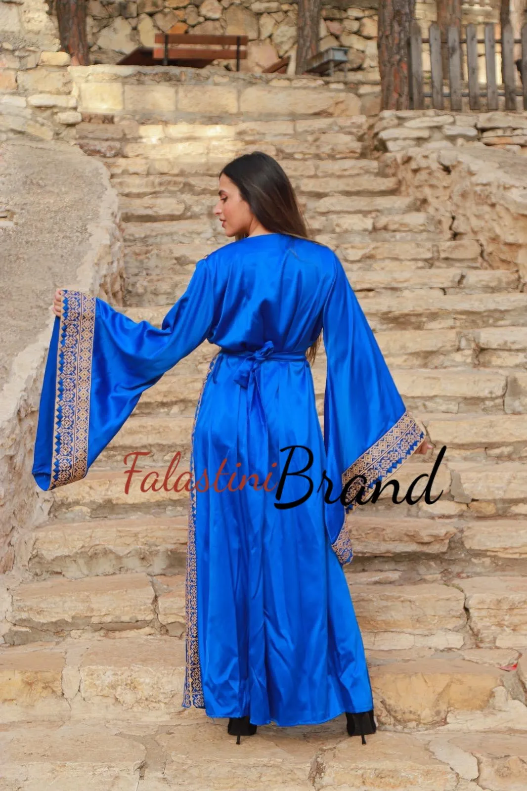 Blue Satin Abaya Dress with Golden Embroidery and Wide Sleeves