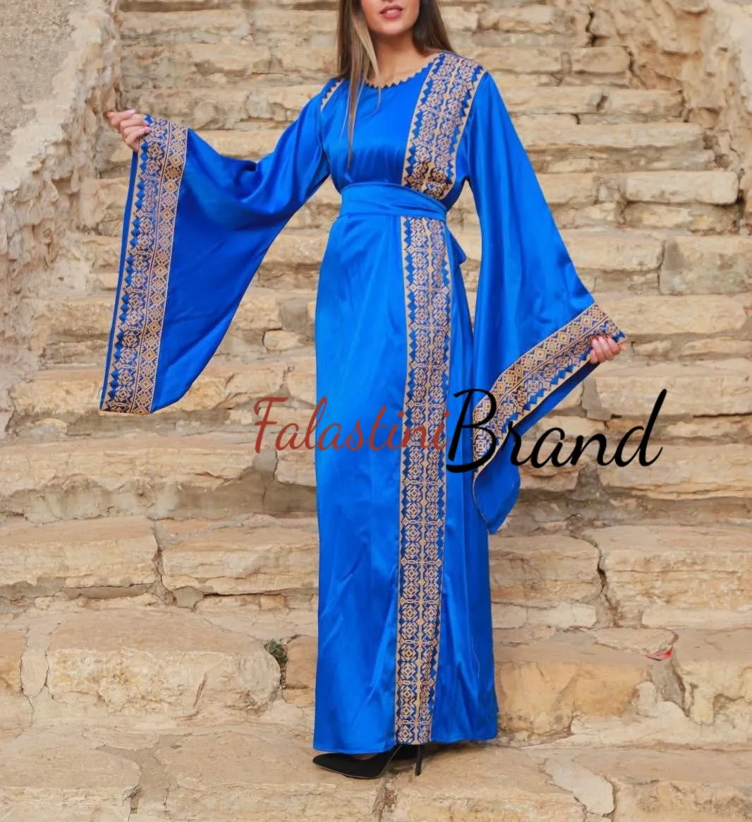 Blue Satin Abaya Dress with Golden Embroidery and Wide Sleeves