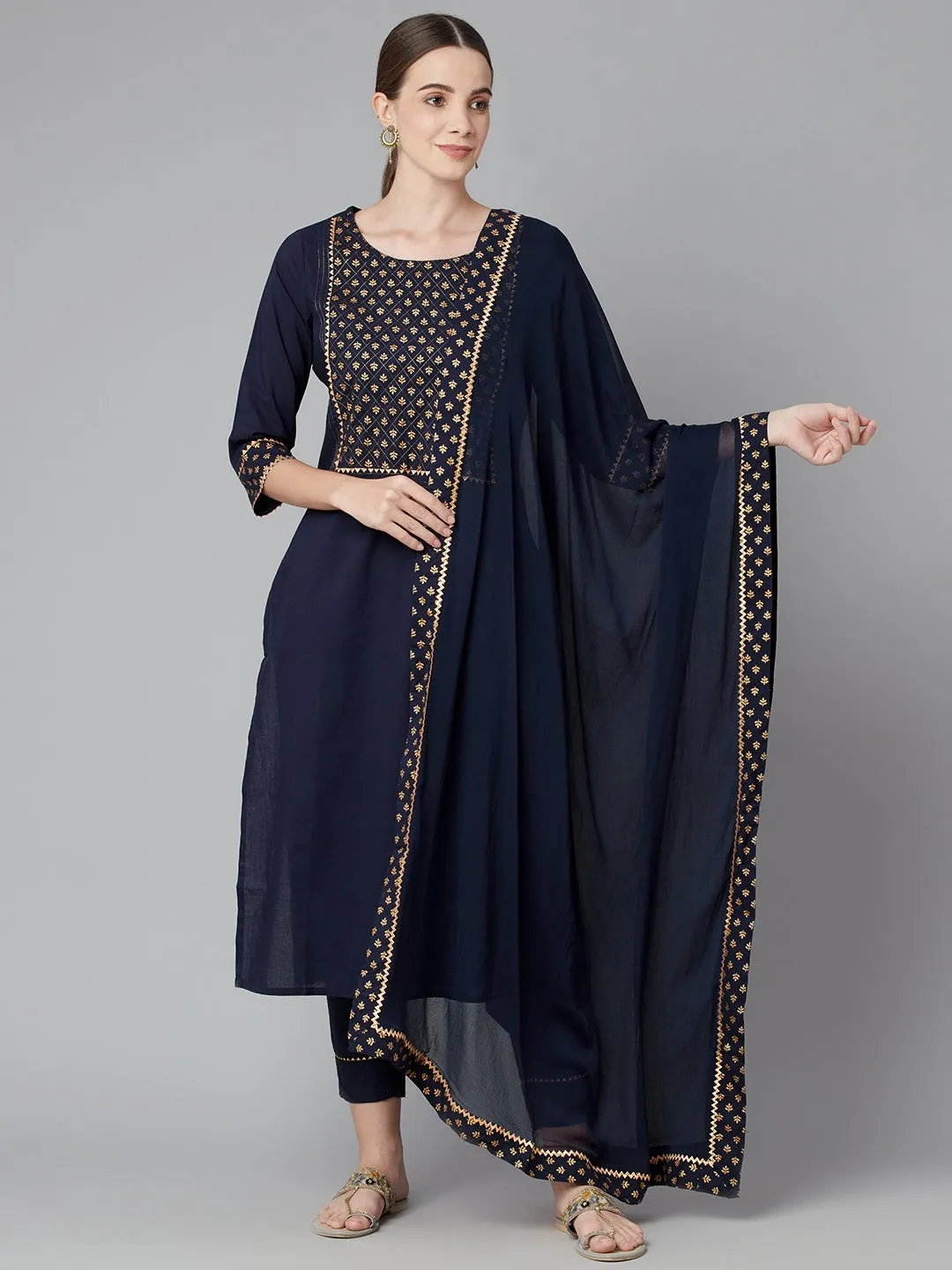 Blue Solid straight Rayon Kurta Pant set with Dupatta