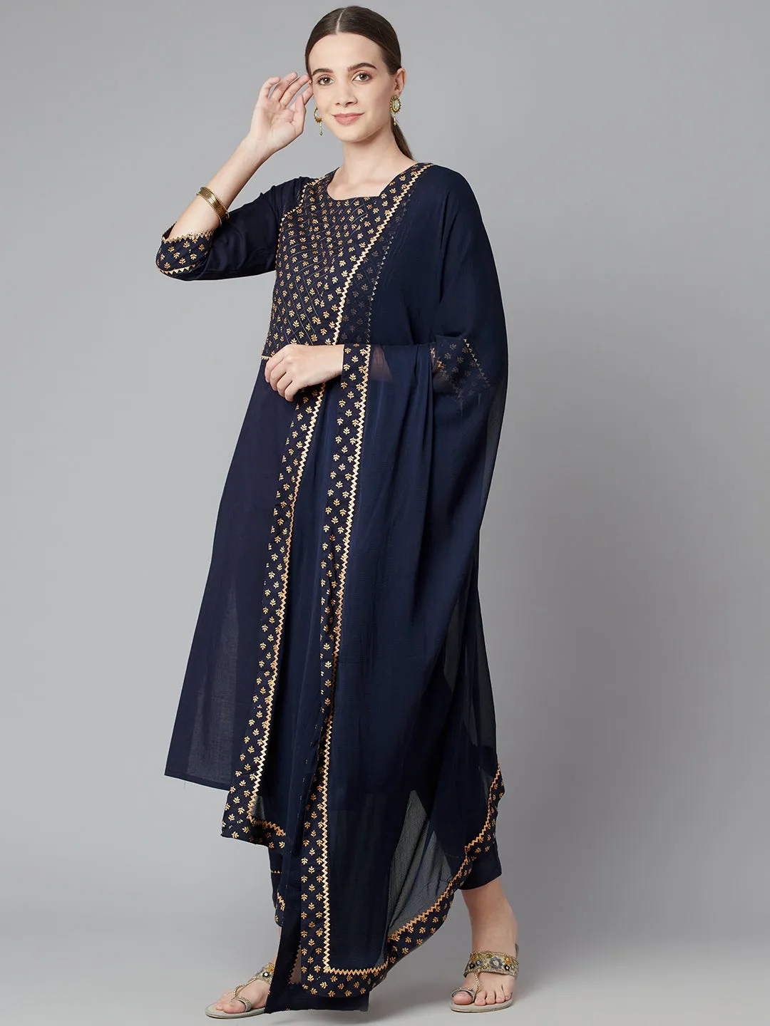 Blue Solid straight Rayon Kurta Pant set with Dupatta