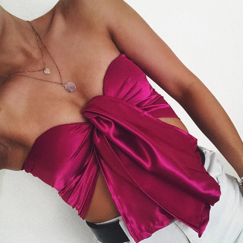 Bow Strapless Strap Wrap Pure Color Cami Crop Top