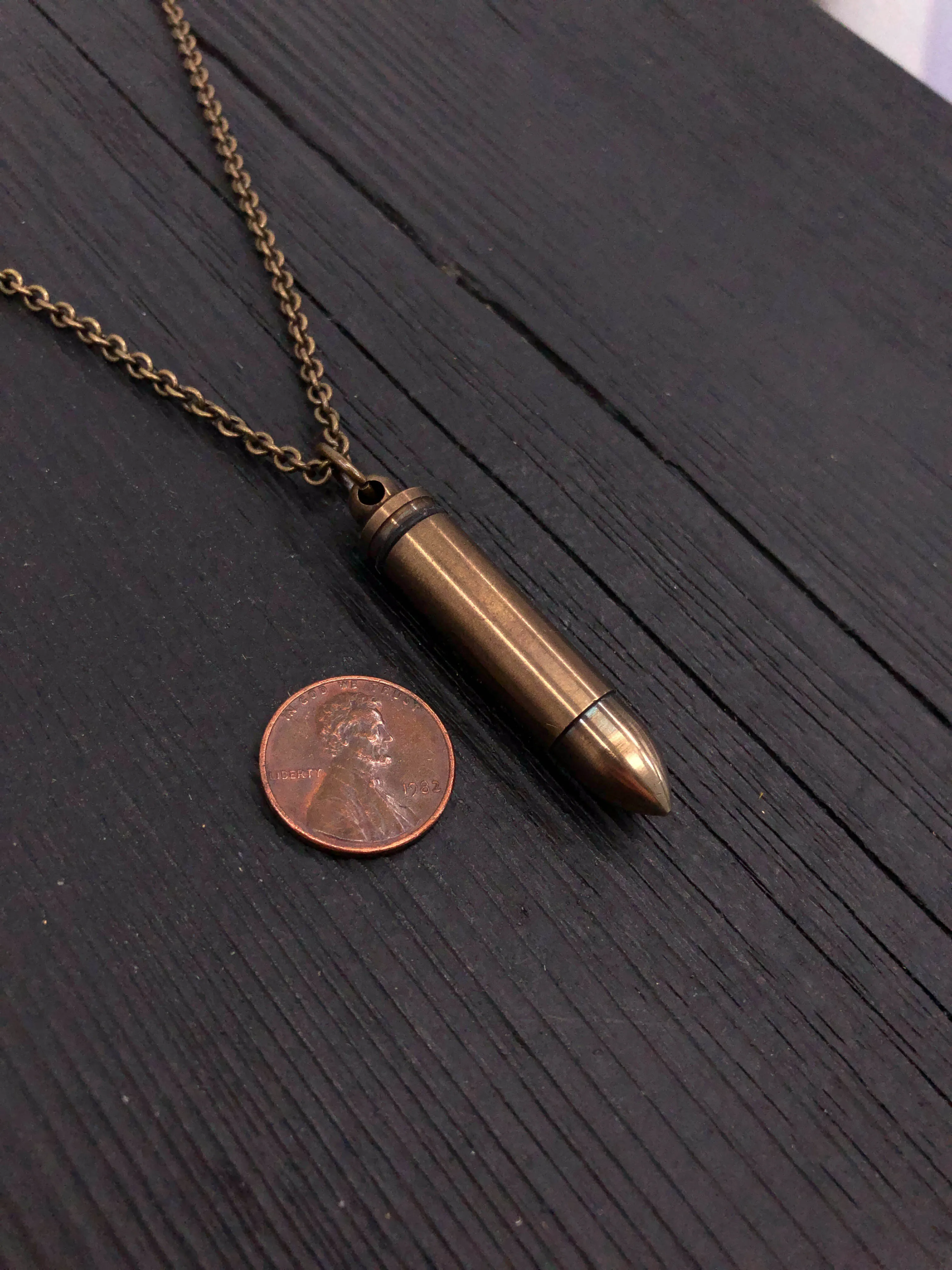 Bullet Canister Necklace in Brass Capsule with Antique Finish Vial Cremation Urn