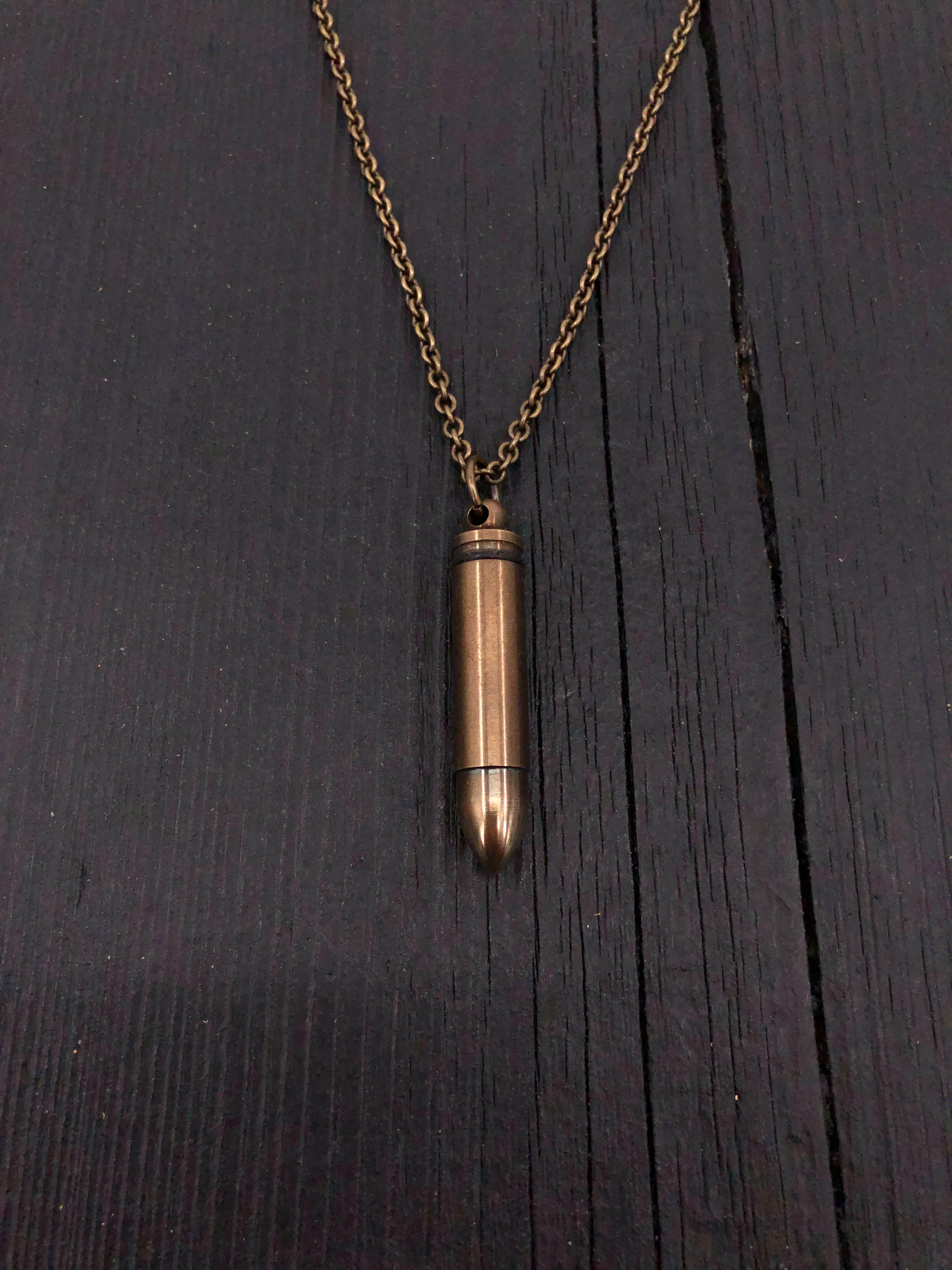 Bullet Canister Necklace in Brass Capsule with Antique Finish Vial Cremation Urn