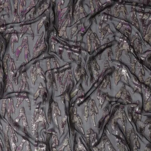 Charcoal black Pure Silk Chiffon with Purple Lurex Highlights, 110cm Width - Sophisticated Textile from South Korea-D17903