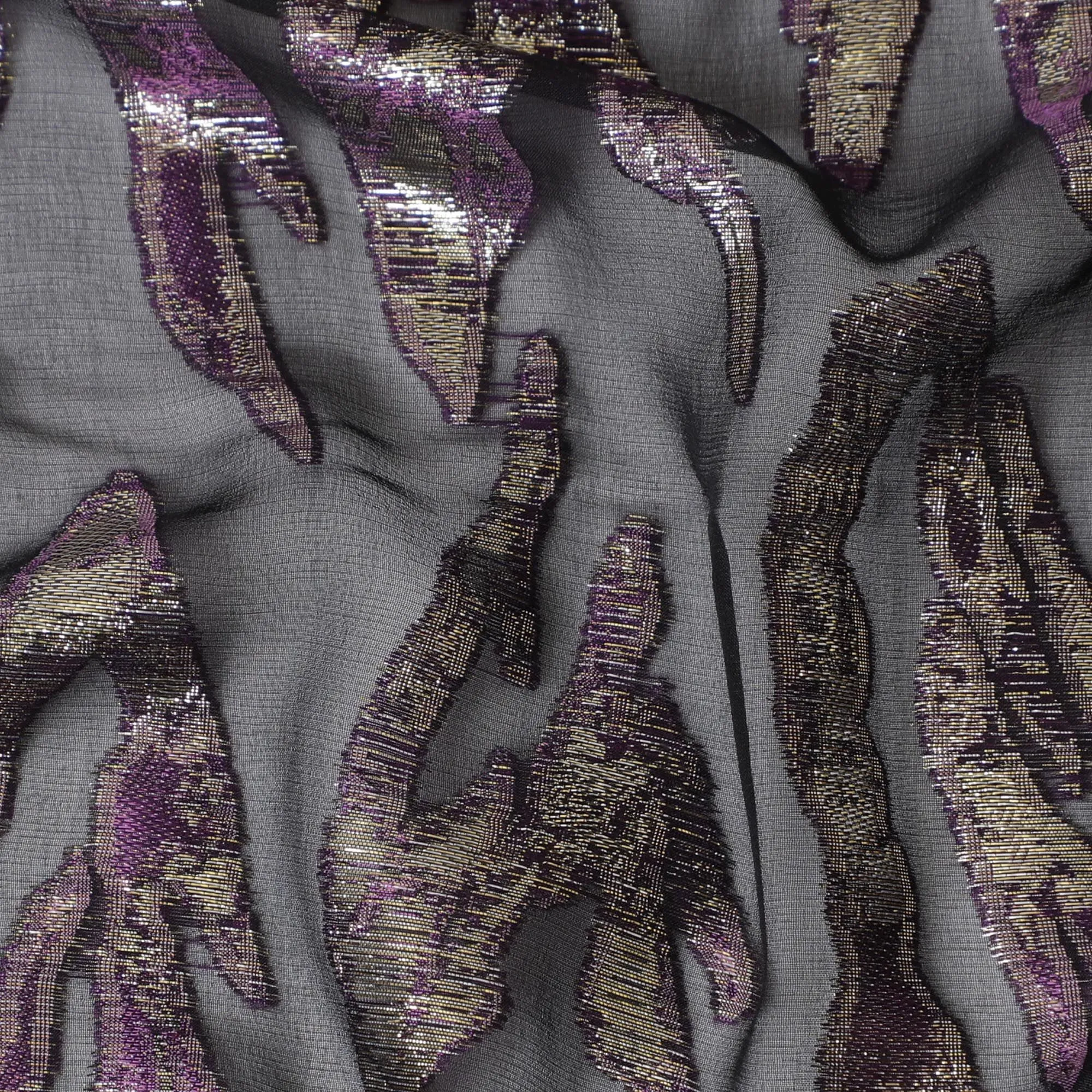 Charcoal black Pure Silk Chiffon with Purple Lurex Highlights, 110cm Width - Sophisticated Textile from South Korea-D17903