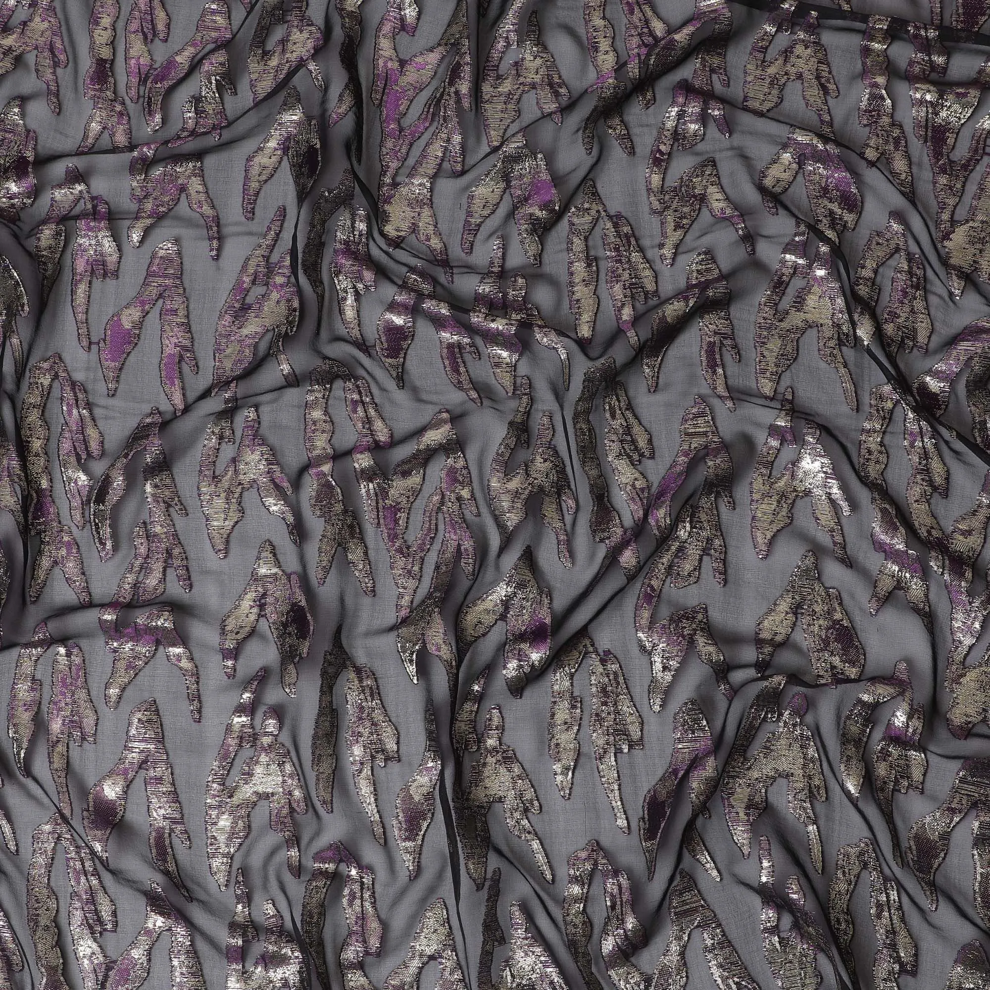 Charcoal black Pure Silk Chiffon with Purple Lurex Highlights, 110cm Width - Sophisticated Textile from South Korea-D17903