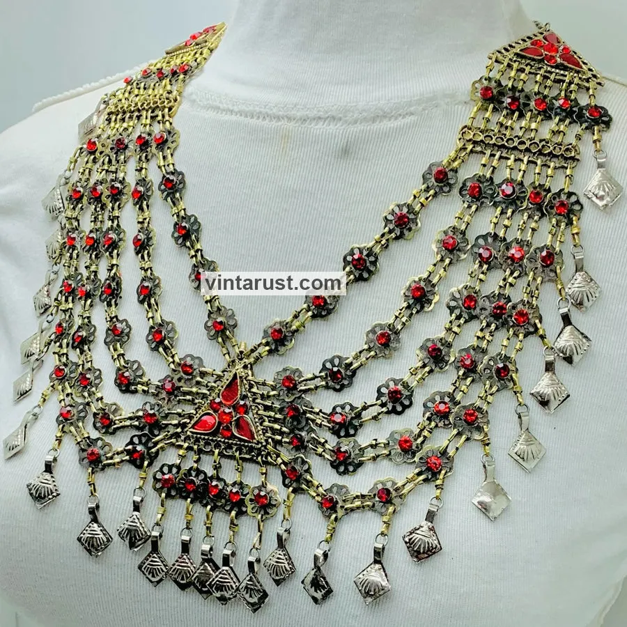 Charming Vintage Red Glass Stones Bib Necklace