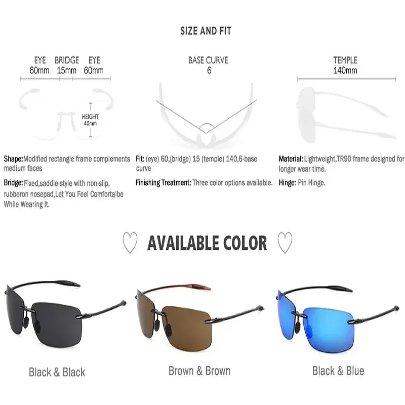 Classic Sports Rimless Sunglasses Men Women Male Driving Golf Rectangle Ultralight Frame Sun Glasses UV400  De Sol