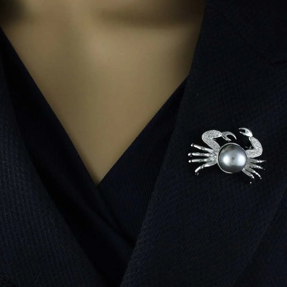 Crystal Crab with Large Gray Pearl Brooch Pin - PRA019