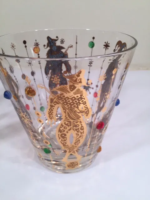 Culver Mid-Century Mardi Gras Jester Double Old Fashion With Jewels Glasses (Set of 4)