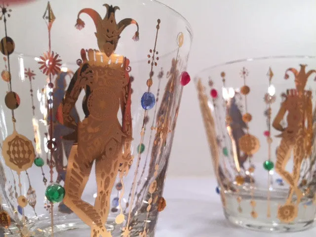 Culver Mid-Century Mardi Gras Jester Double Old Fashion With Jewels Glasses (Set of 4)