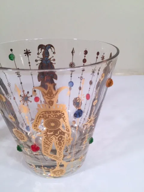 Culver Mid-Century Mardi Gras Jester Double Old Fashion With Jewels Glasses (Set of 4)