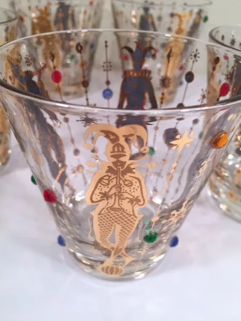 Culver Mid-Century Mardi Gras Jester Double Old Fashion With Jewels Glasses (Set of 4)