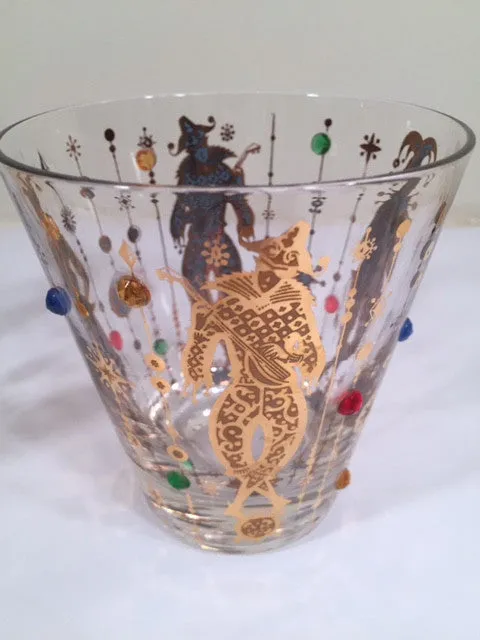 Culver Mid-Century Mardi Gras Jester Double Old Fashion With Jewels Glasses (Set of 4)