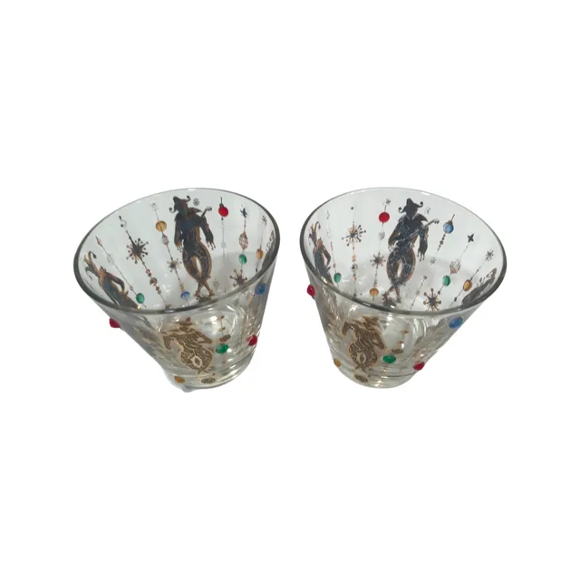 Culver Mid-Century Mardi Gras Jester With Jewels Old Fashion Glasses (Set of 2)