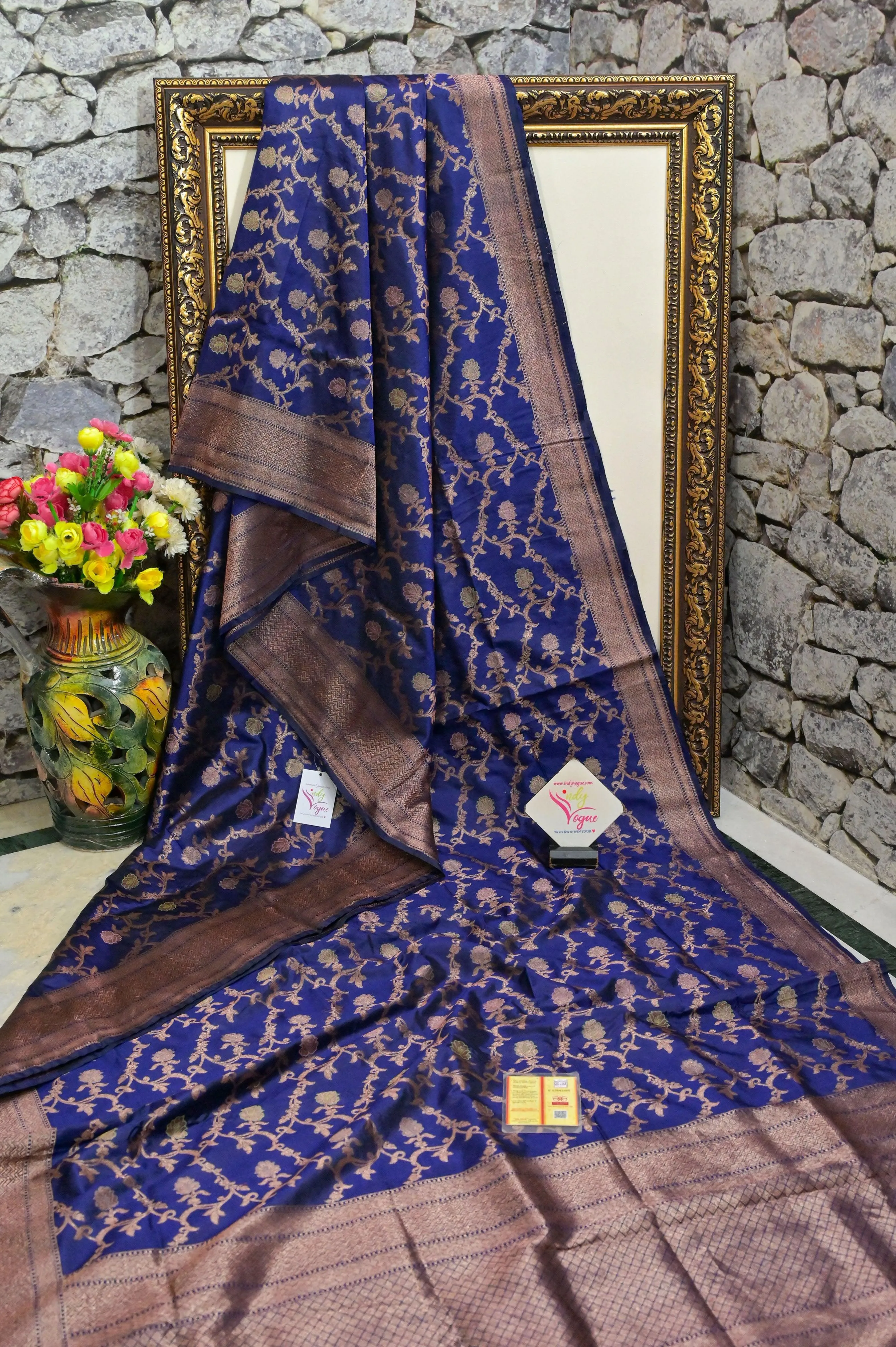 Deep Indigo Blue Color Katan Banarasi Saree with All Over Jaal  Work