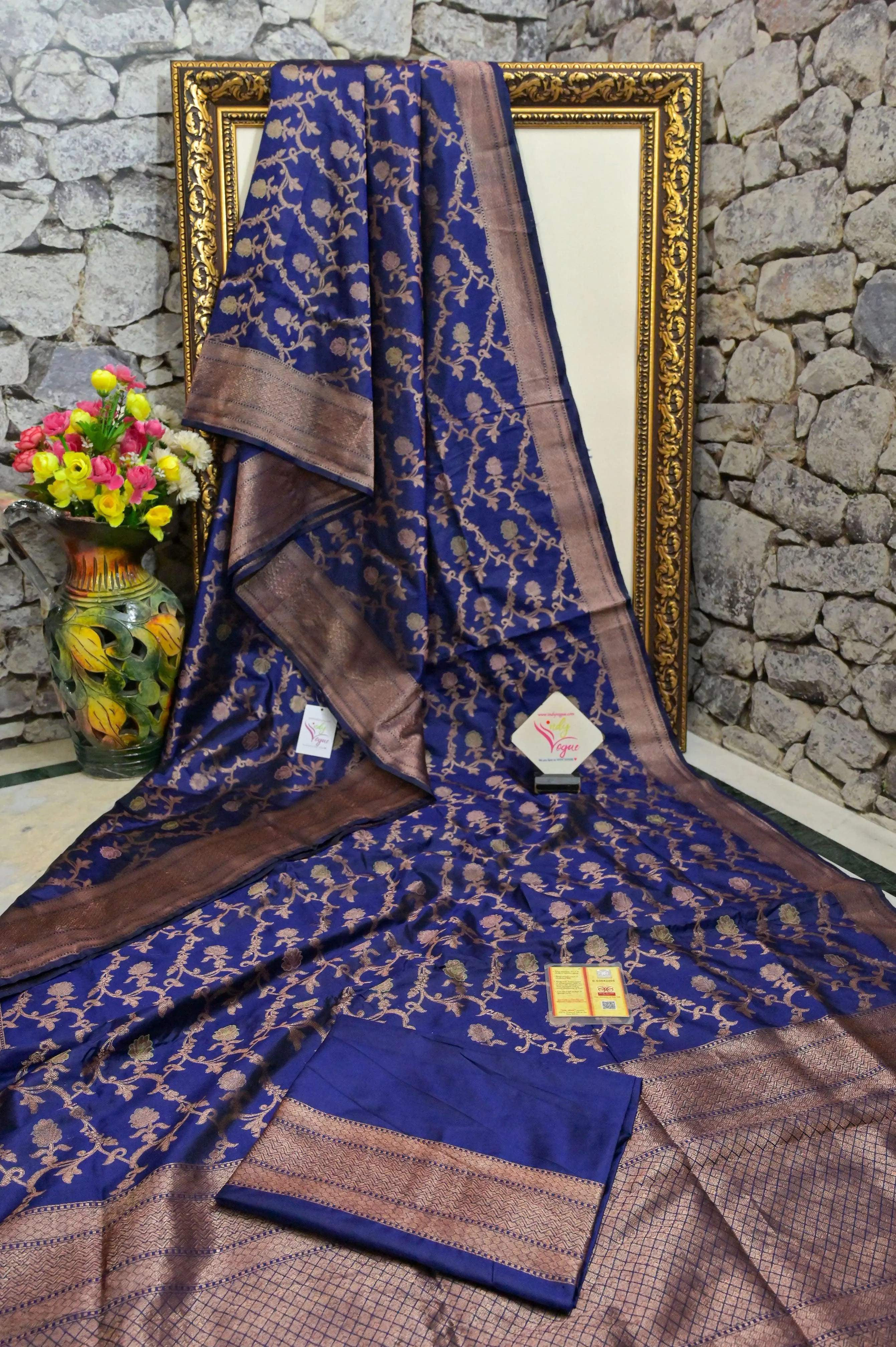 Deep Indigo Blue Color Katan Banarasi Saree with All Over Jaal  Work