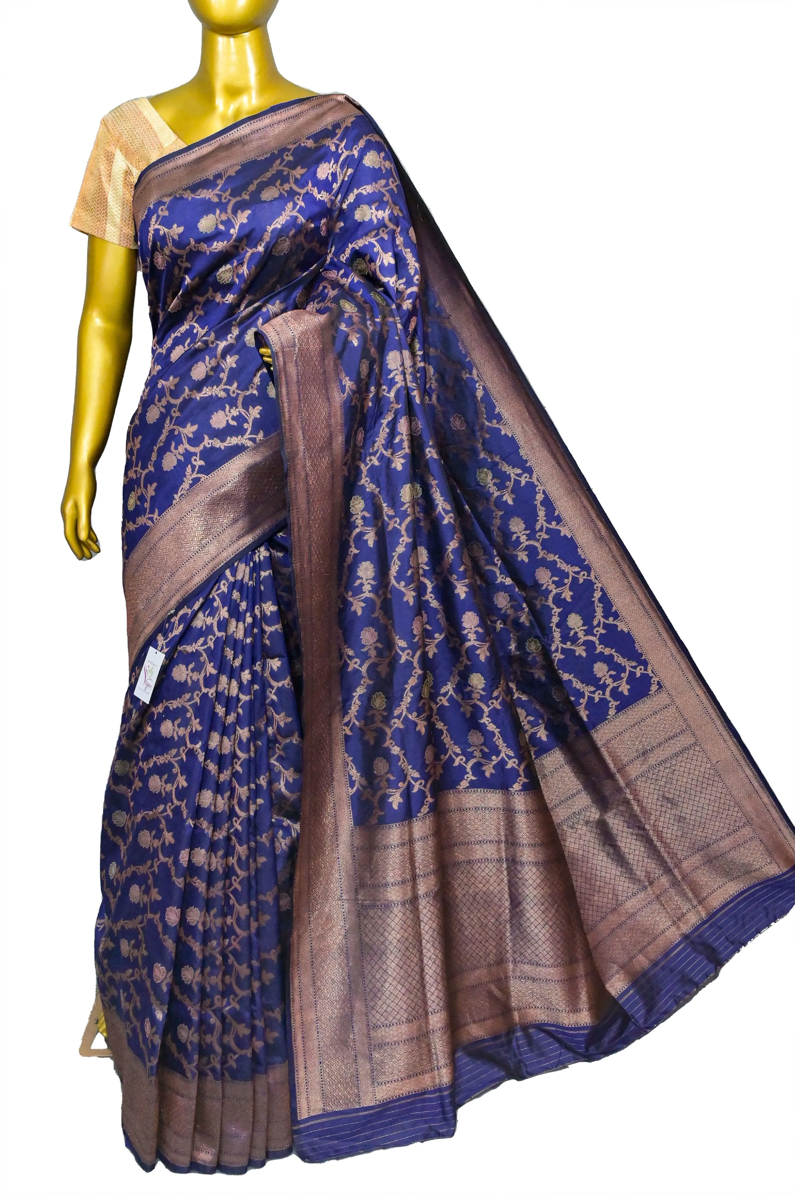 Deep Indigo Blue Color Katan Banarasi Saree with All Over Jaal  Work