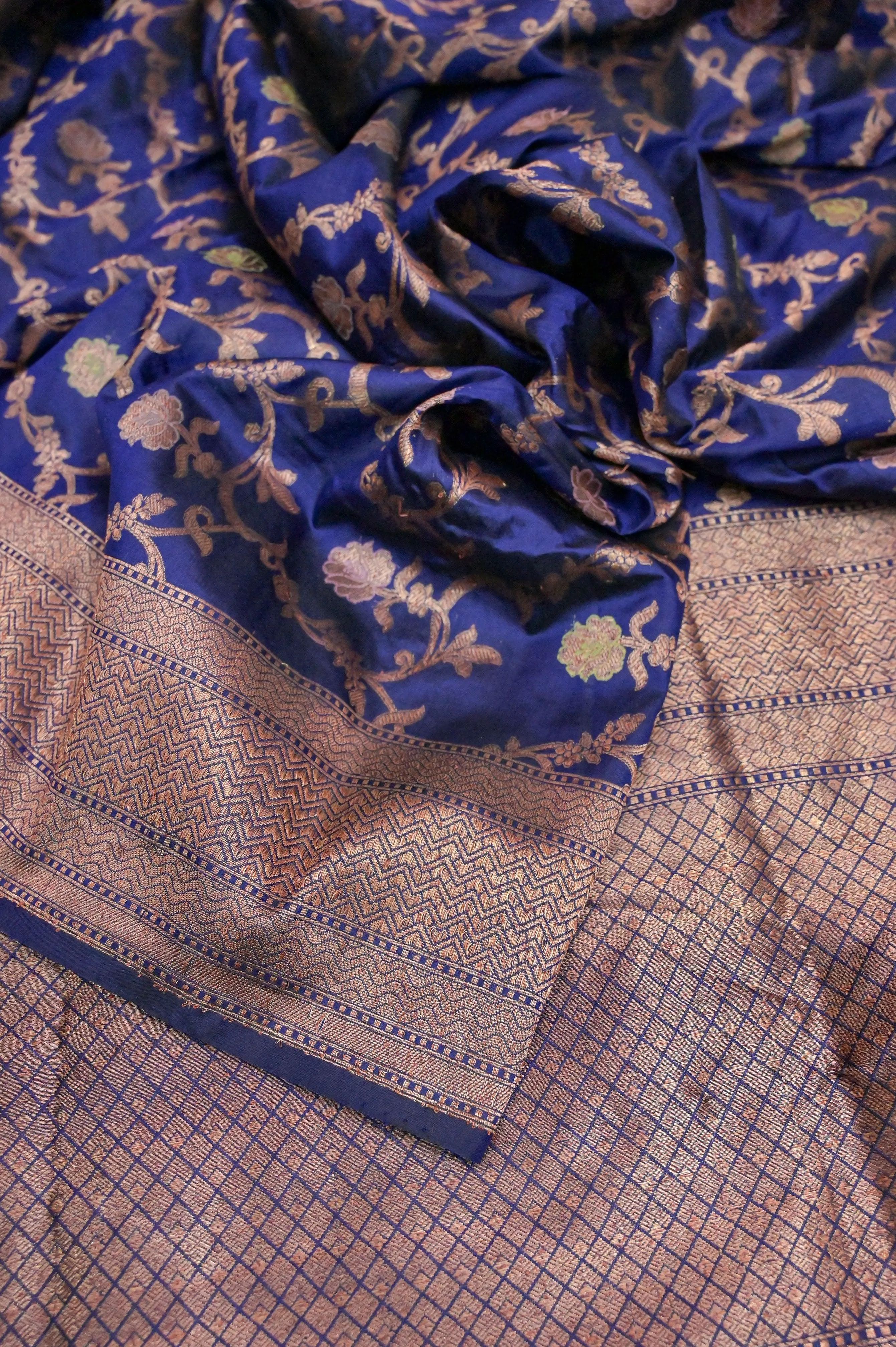 Deep Indigo Blue Color Katan Banarasi Saree with All Over Jaal  Work