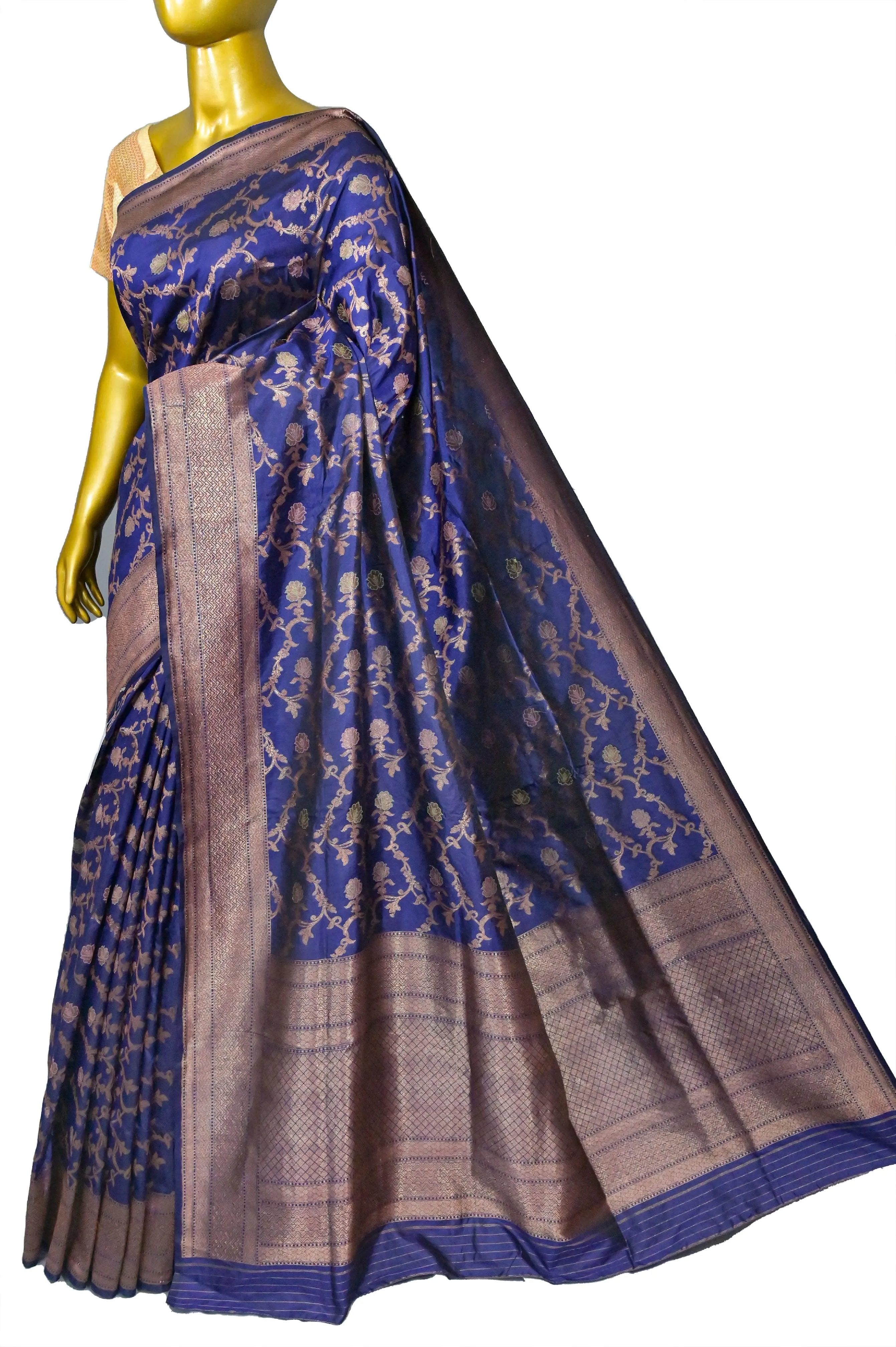 Deep Indigo Blue Color Katan Banarasi Saree with All Over Jaal  Work