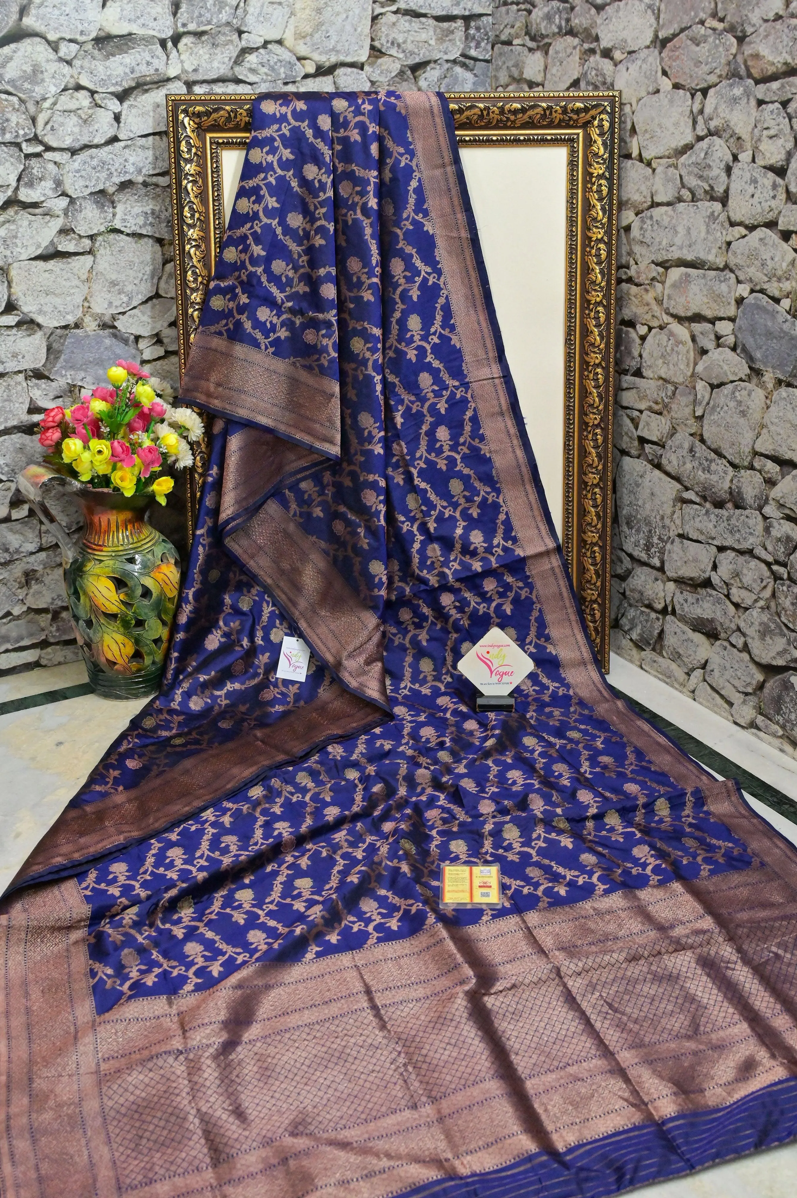 Deep Indigo Blue Color Katan Banarasi Saree with All Over Jaal  Work