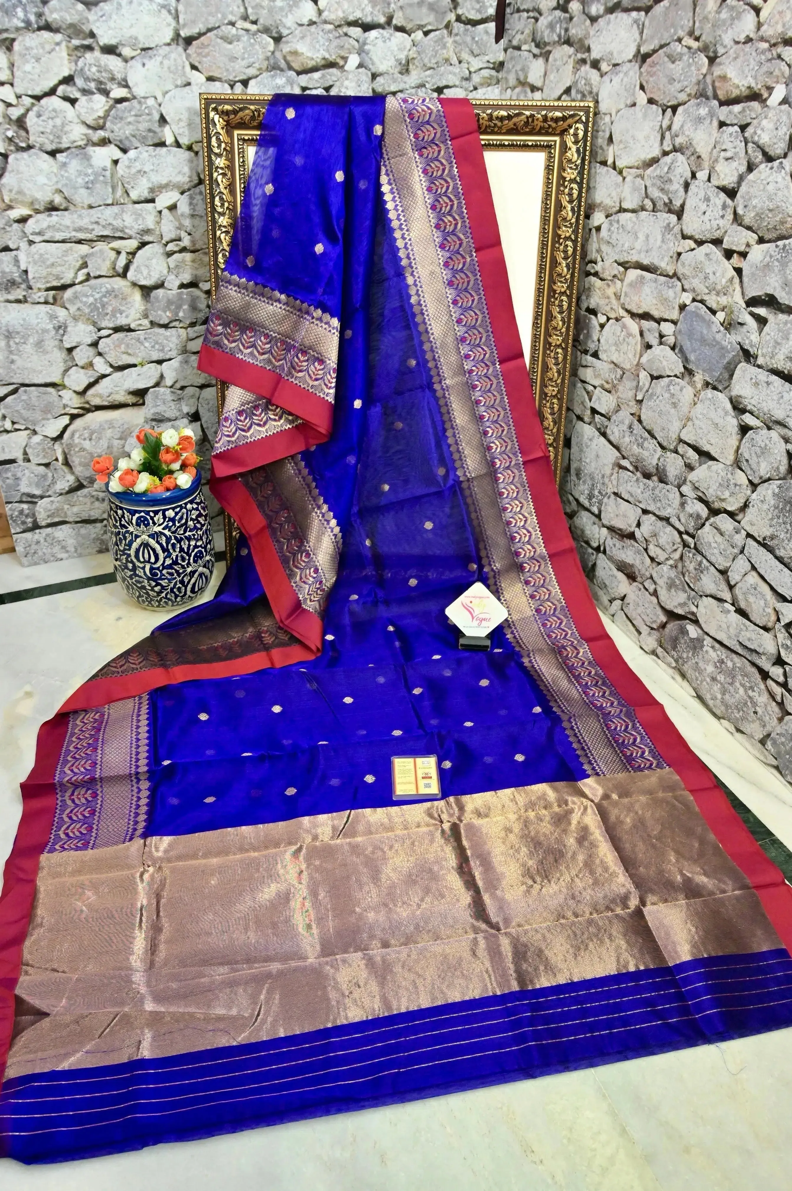 Deep Indigo Blue Color Pure Chanderi Banarasi Saree with Meenakari Border