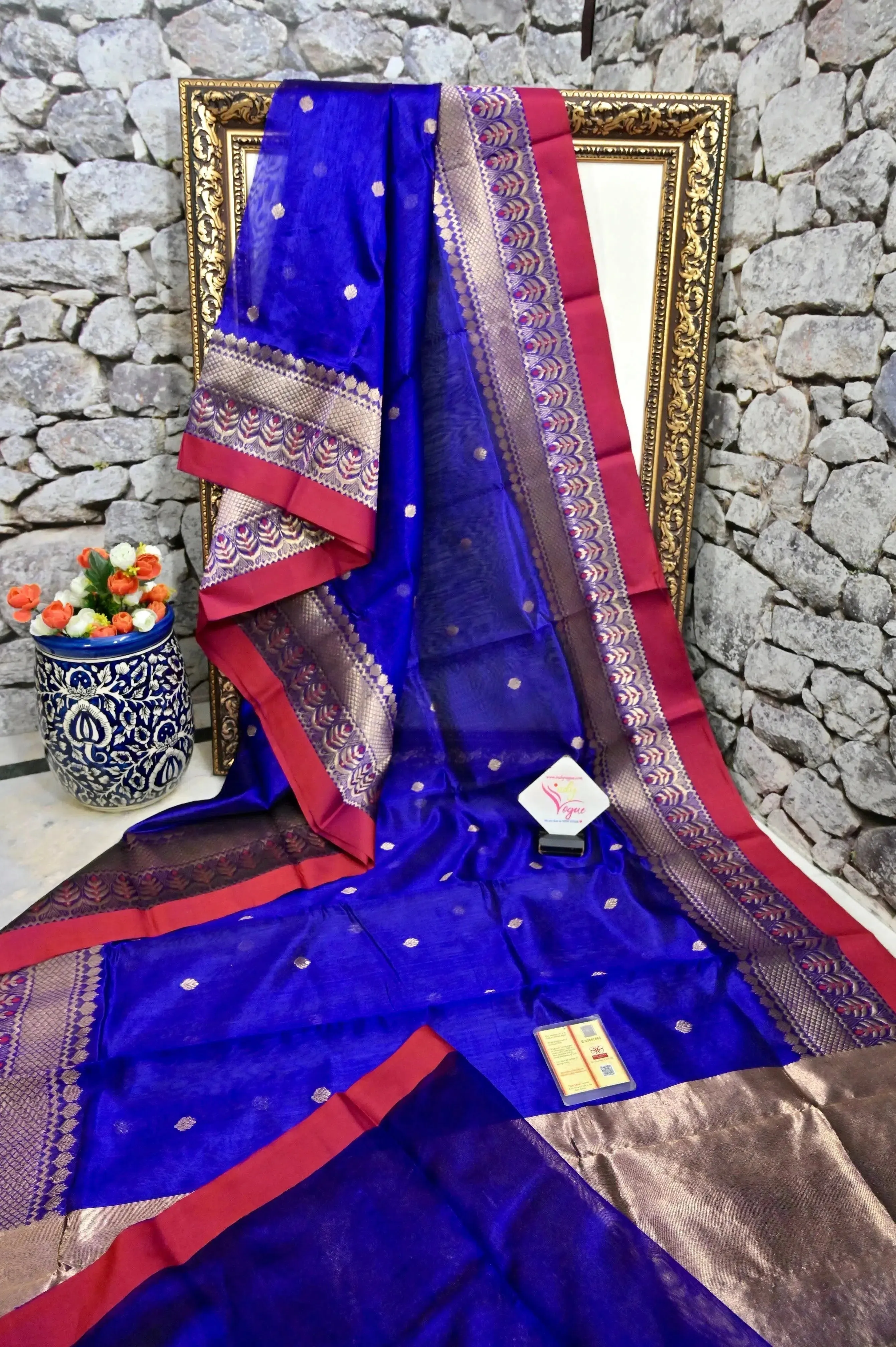 Deep Indigo Blue Color Pure Chanderi Banarasi Saree with Meenakari Border