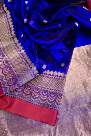 Deep Indigo Blue Color Pure Chanderi Banarasi Saree with Meenakari Border