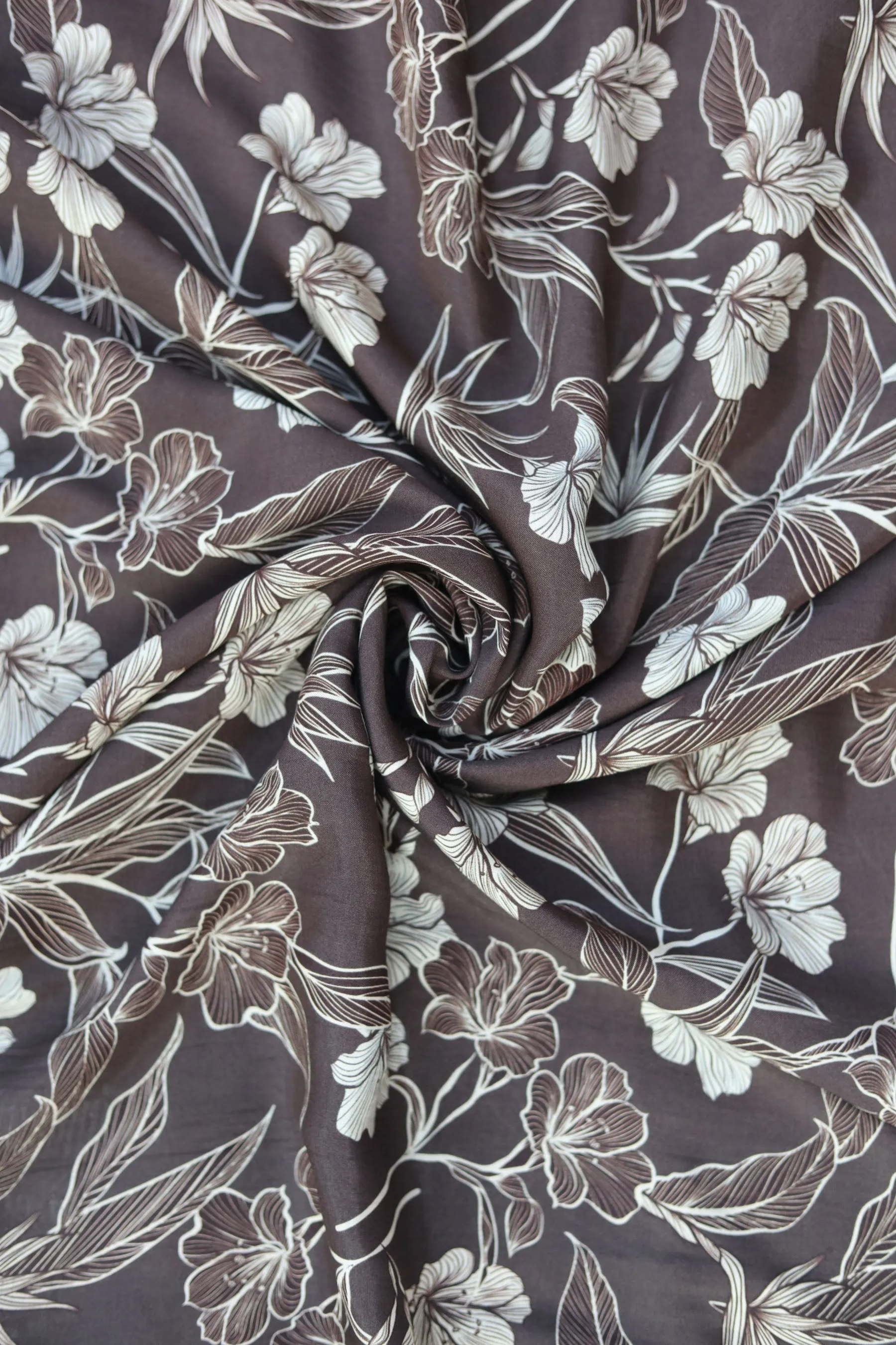 Deep Taupe Floral Printed Natural Muslin Silk Fabric